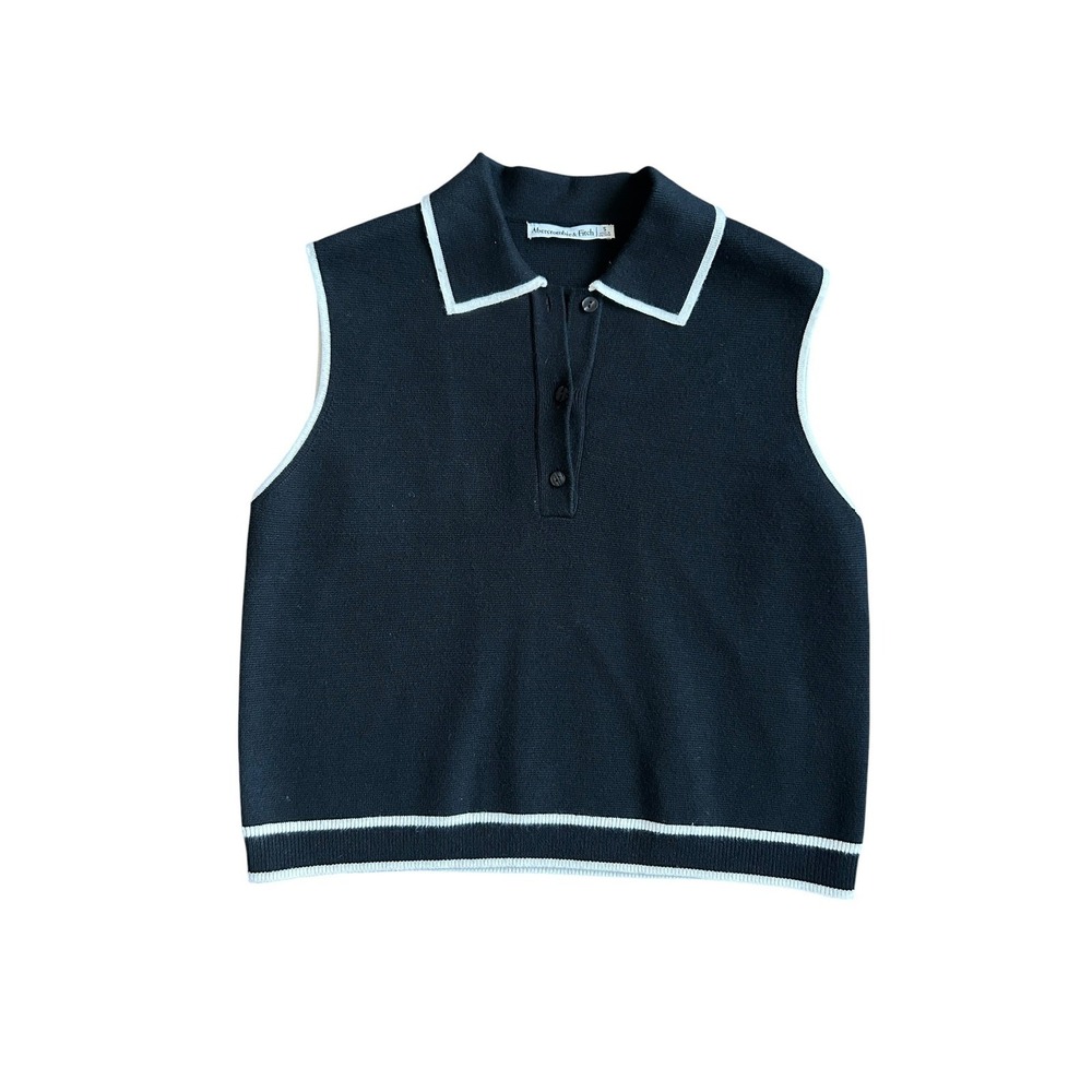 Abercrombie & Fitch Black White Tipped Polo Sweater Vest Womens Small Preppy‎